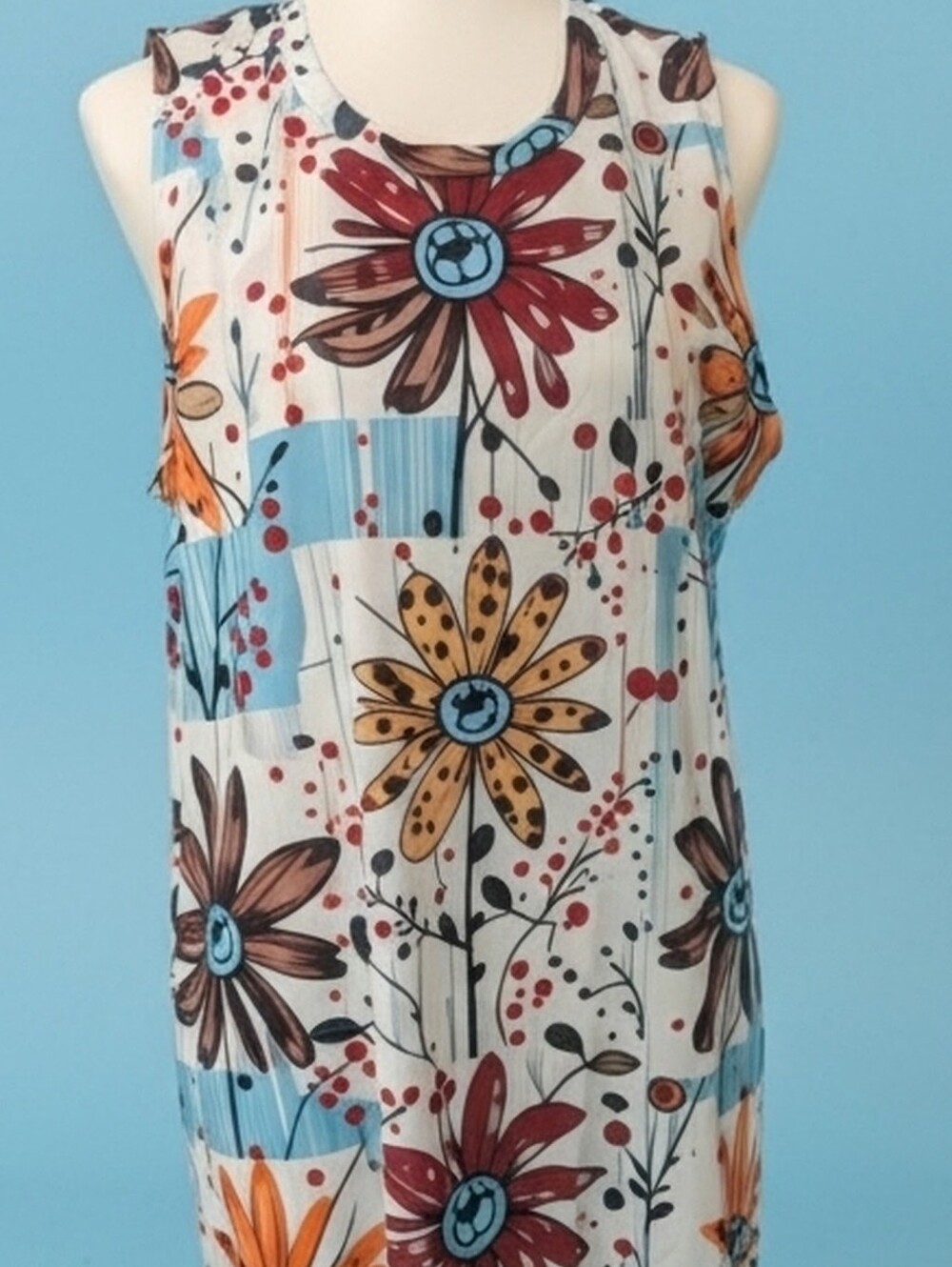🎇🎆Sleeveless Floral Shift Dress - White with Blue, Brown & Orange